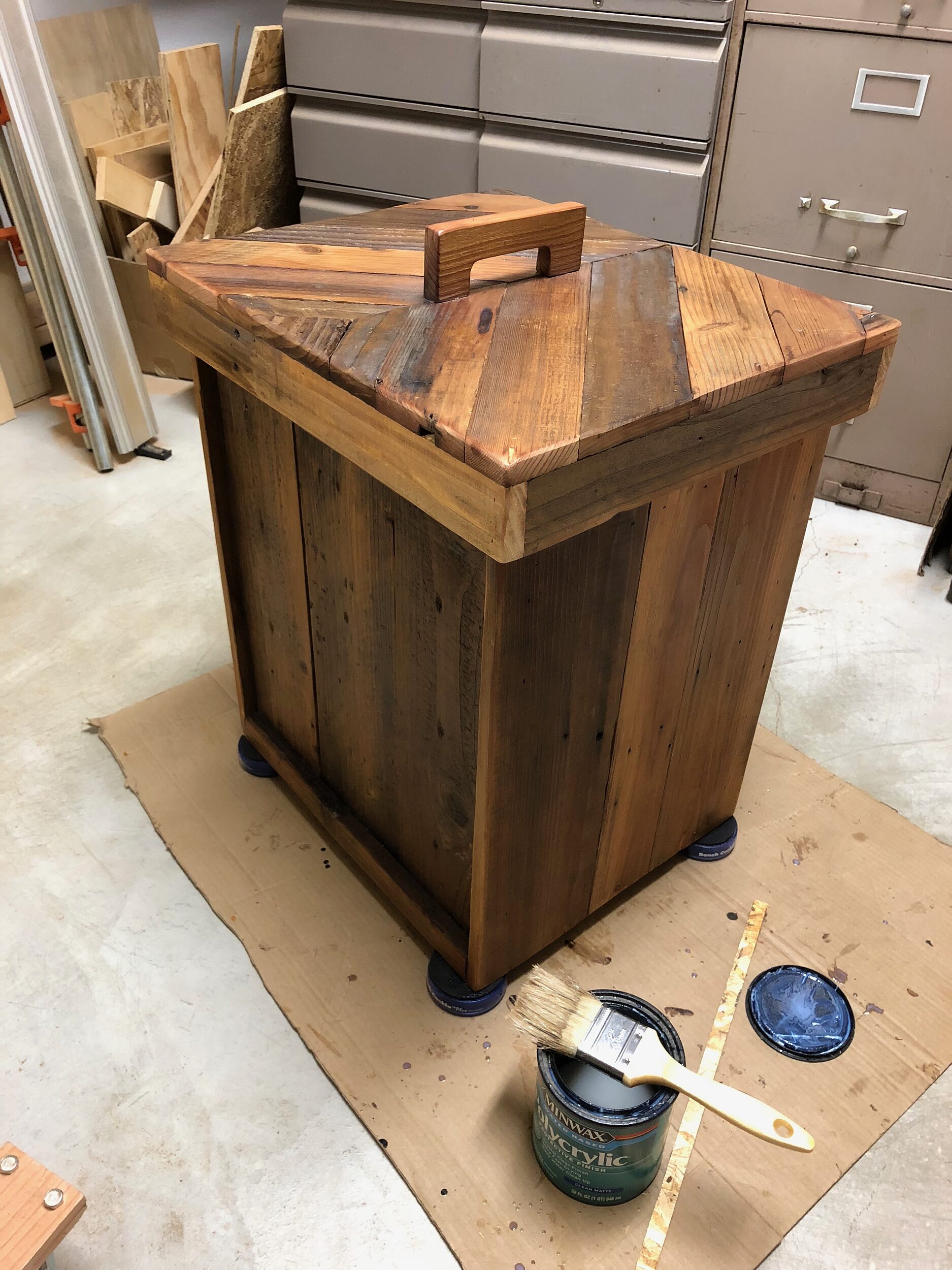 DIY Chevron Trash Can Built From Reclaimed Wood
