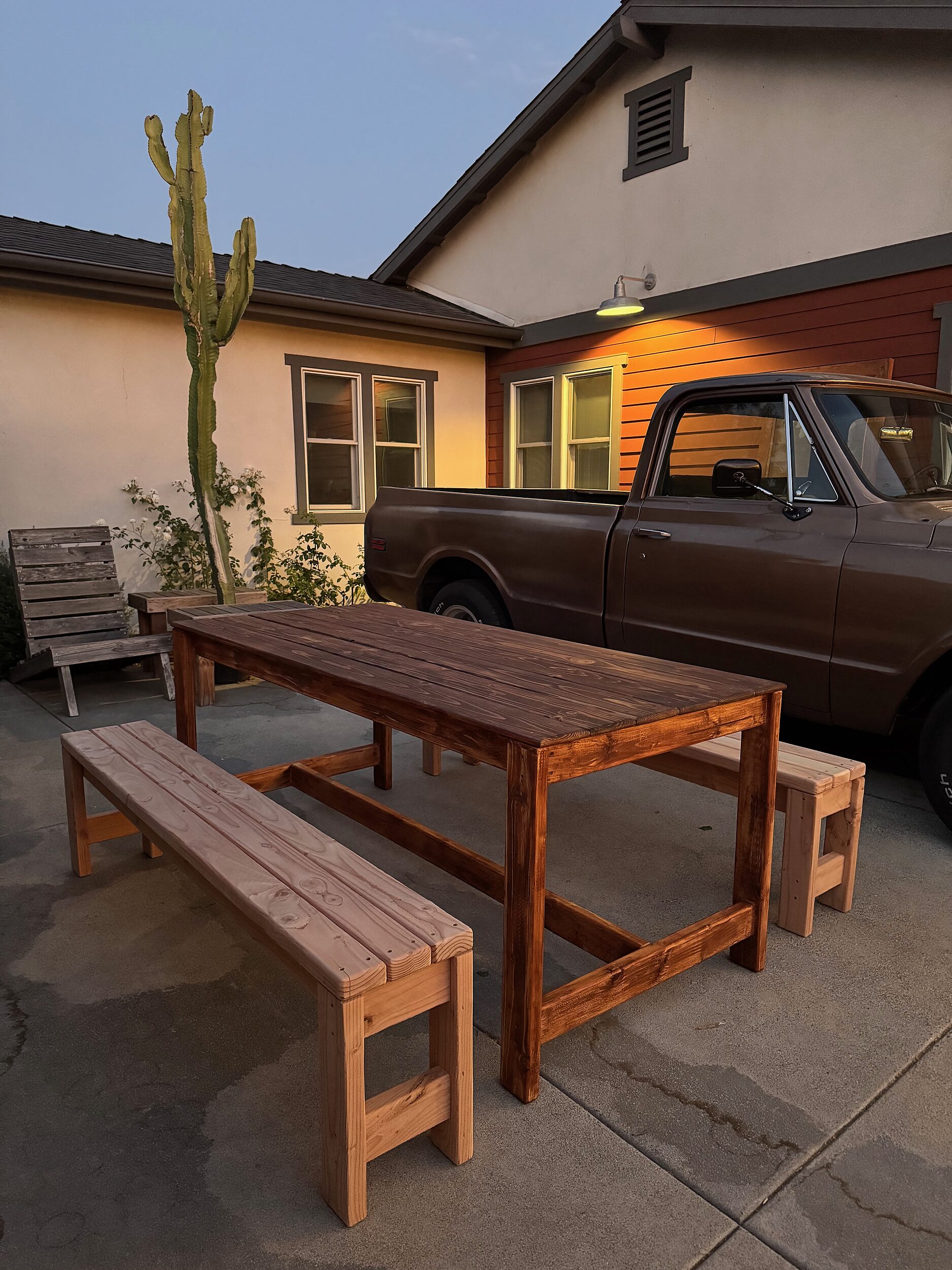 Farmhouse Table & Benches in a Walnut Stain Finish